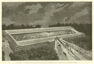 Ideaal nachtzicht van het Paleis van de Elektriciteitstentoonstelling van Parijs, met het centrale dak verwijderd door French School